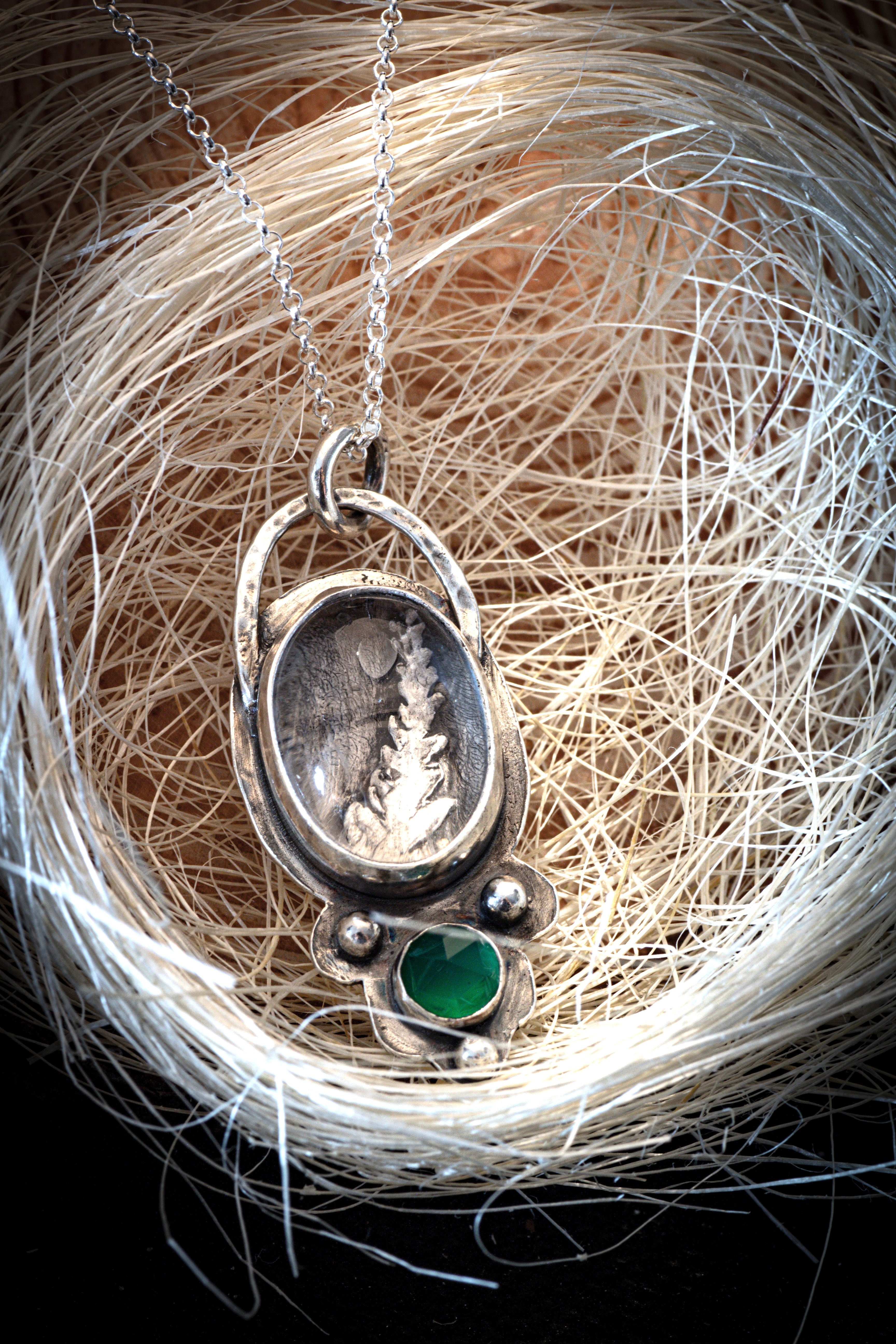 Silver Fern Pendant with Clear Quartz and Green Onyx