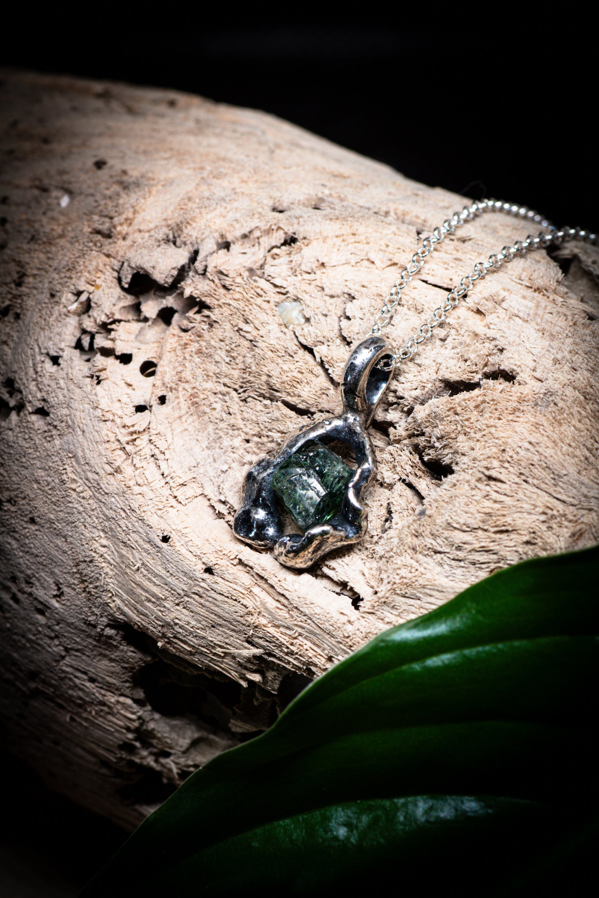 Lava Collection Pendant – Raw Green African Sapphire in Organic Fused Sterling Silver