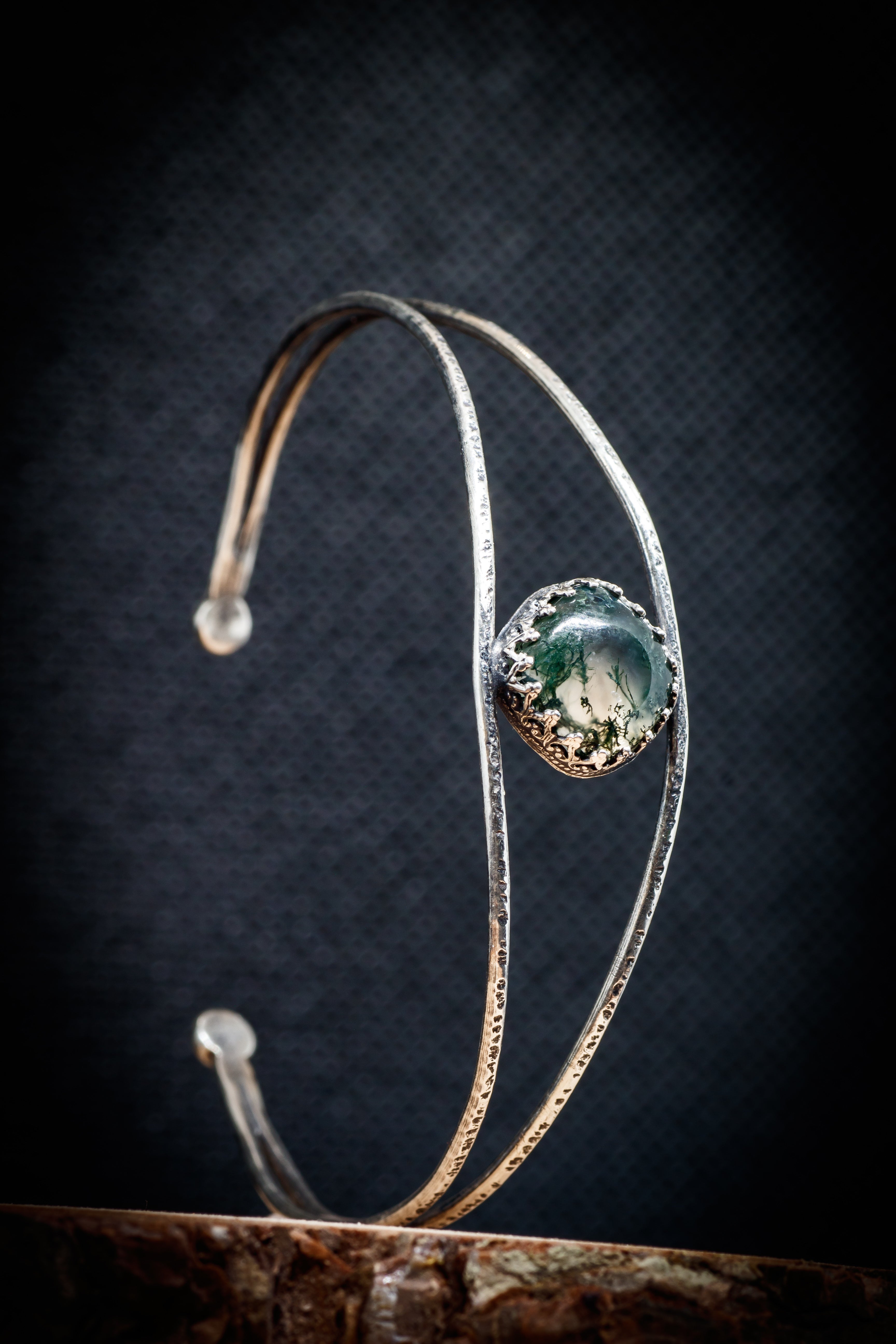 Handmade Sterling Silver Bracelet with Moss Agate | Adjustable Nature-Inspired Cuff