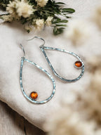 Hammered Sterling Silver Teardrop Earrings with Baltic Amber