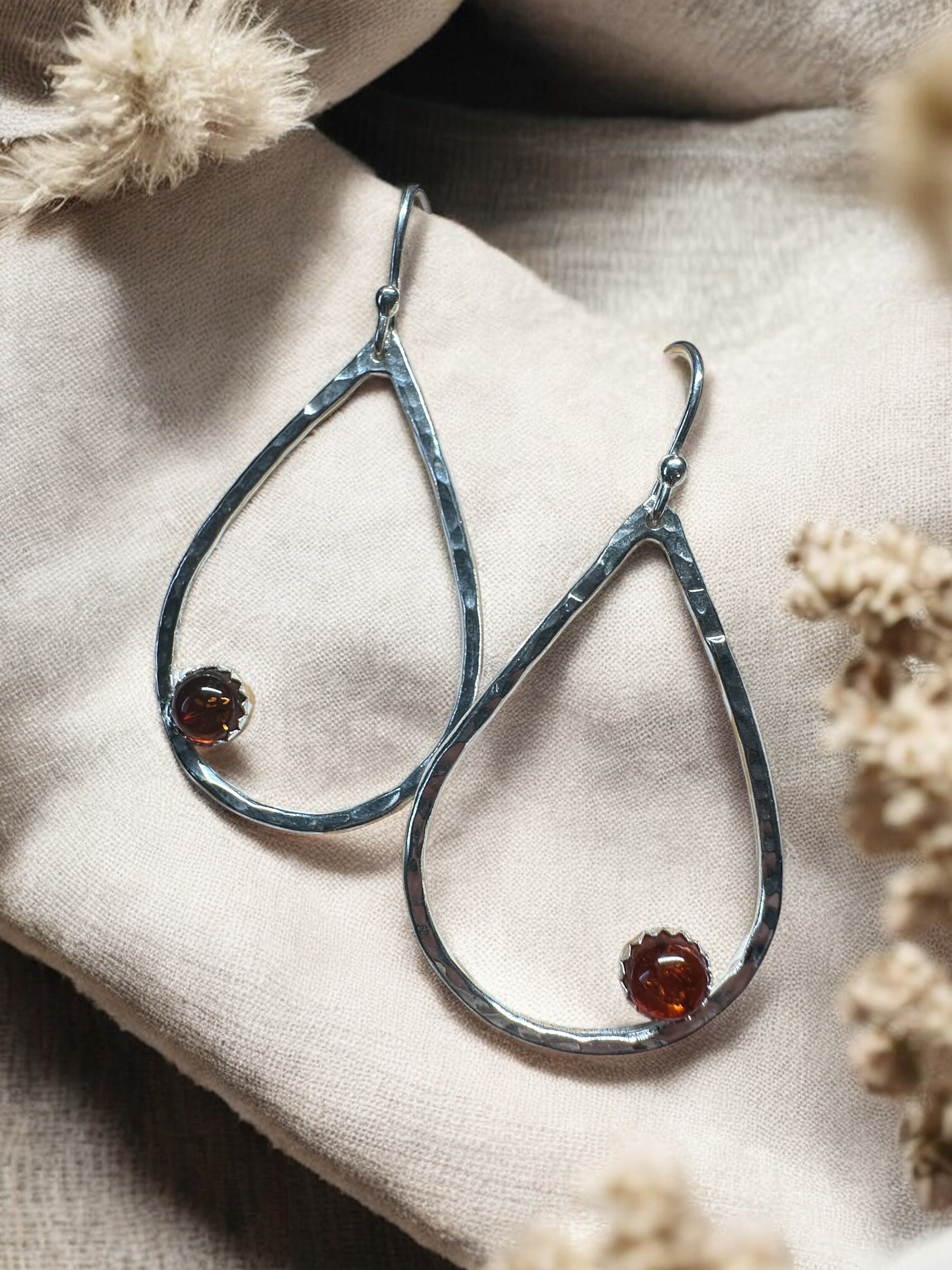 Hammered Sterling Silver Teardrop Earrings with Baltic Amber
