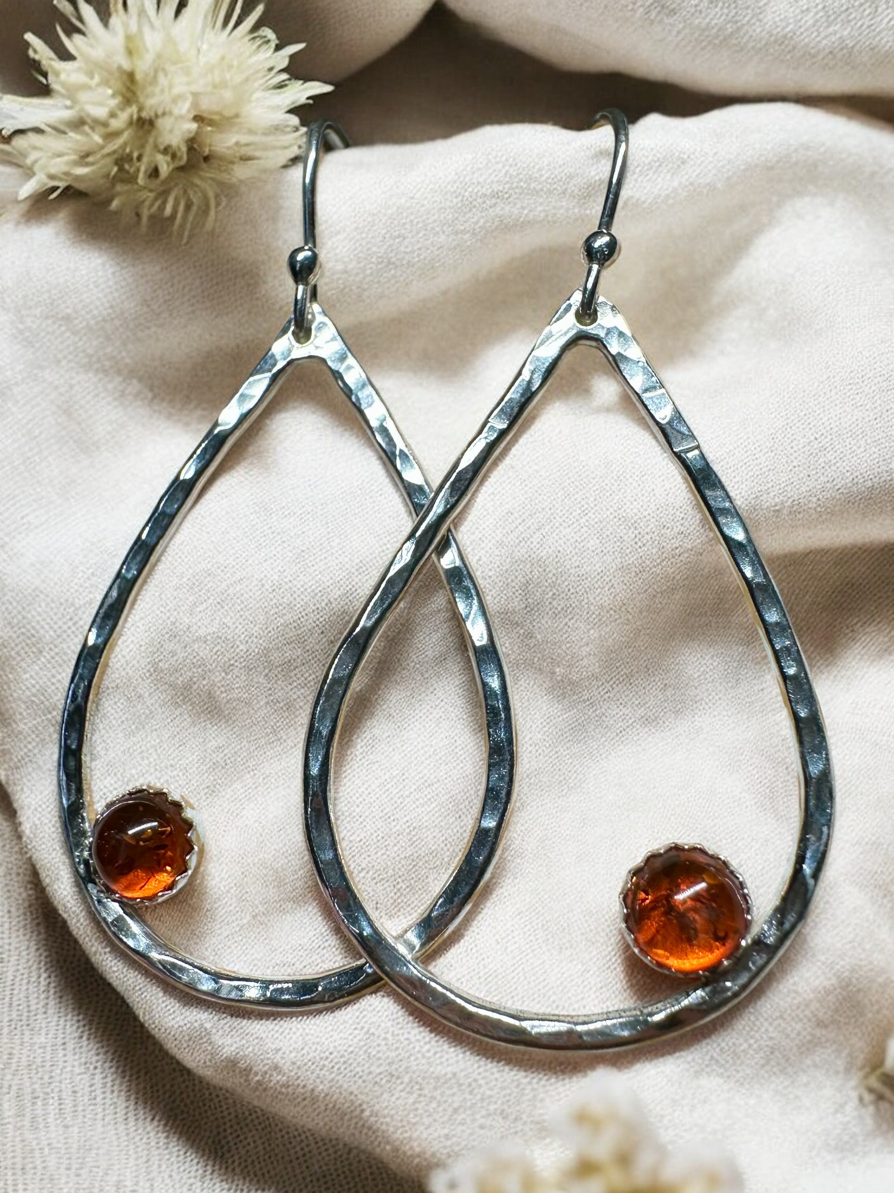 Hammered Sterling Silver Teardrop Earrings with Baltic Amber