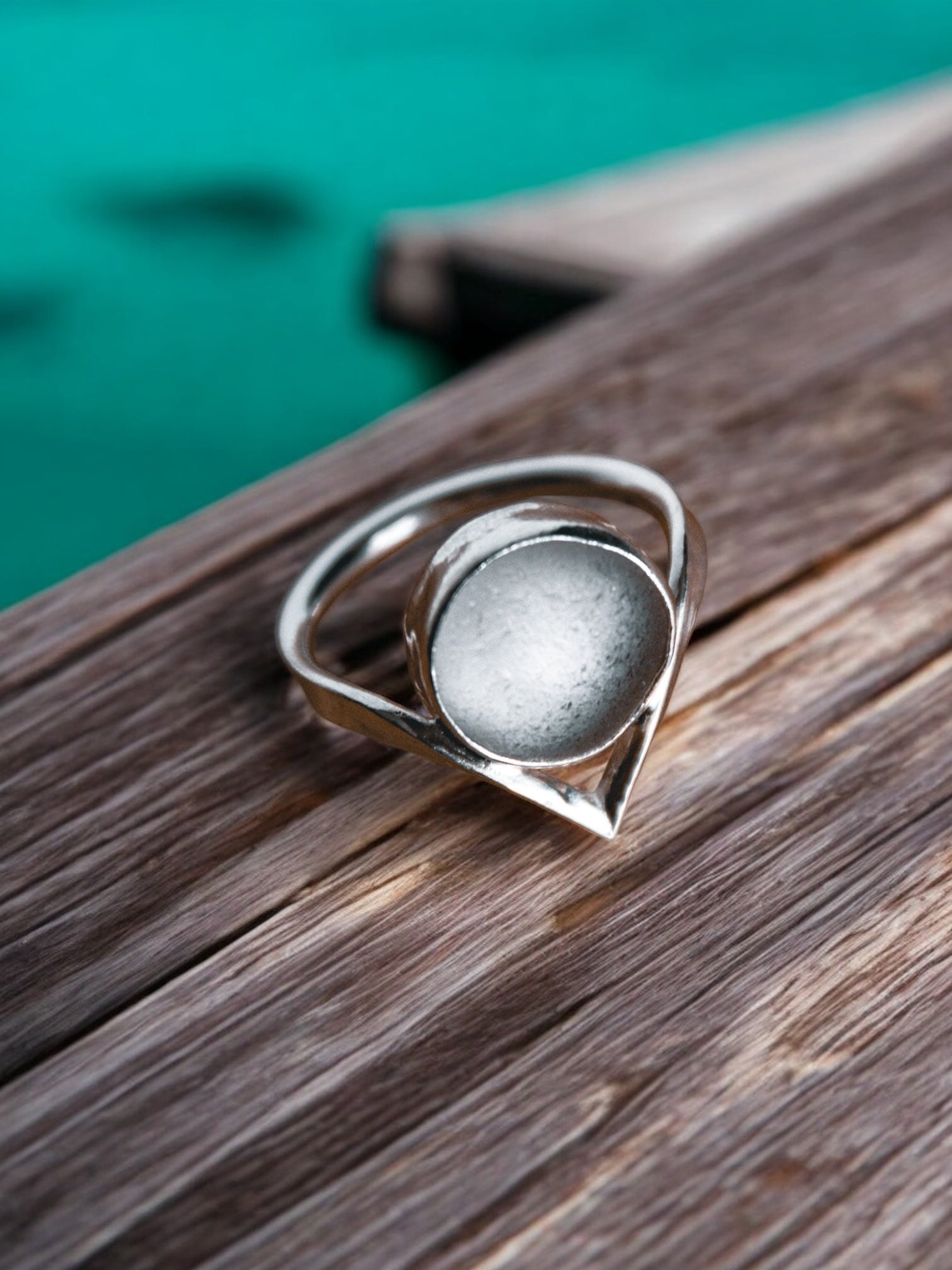 Silver wishbone white sea glass ring